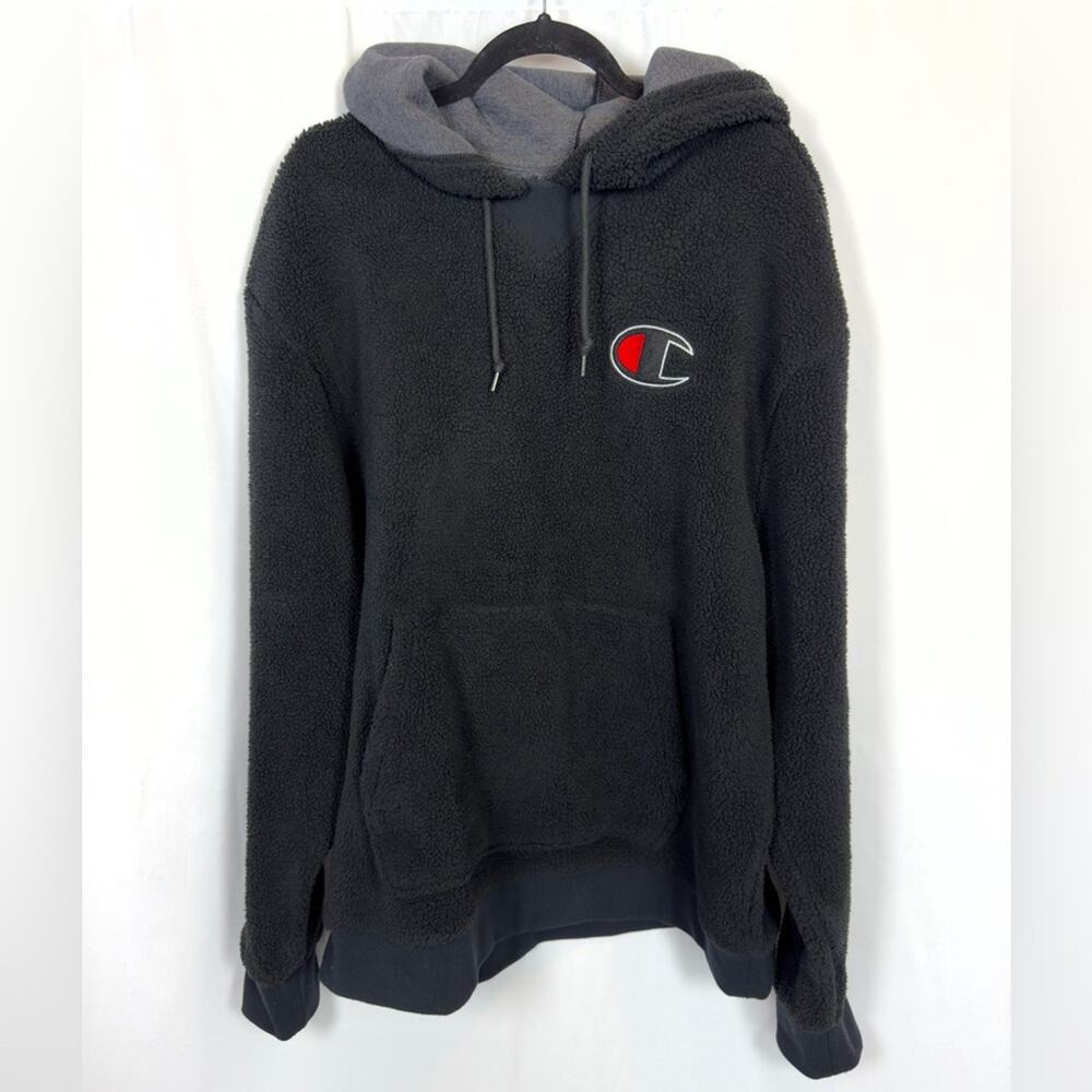 Champion Sherpa Hoodie Big C-Patch Logo Sweater Fleece Black Mens Size XL